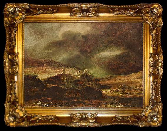 framed  Rembrandt Harmensz Van Rijn Stadt auf einem Hugel bei sturmischem Wetter, ta009-2